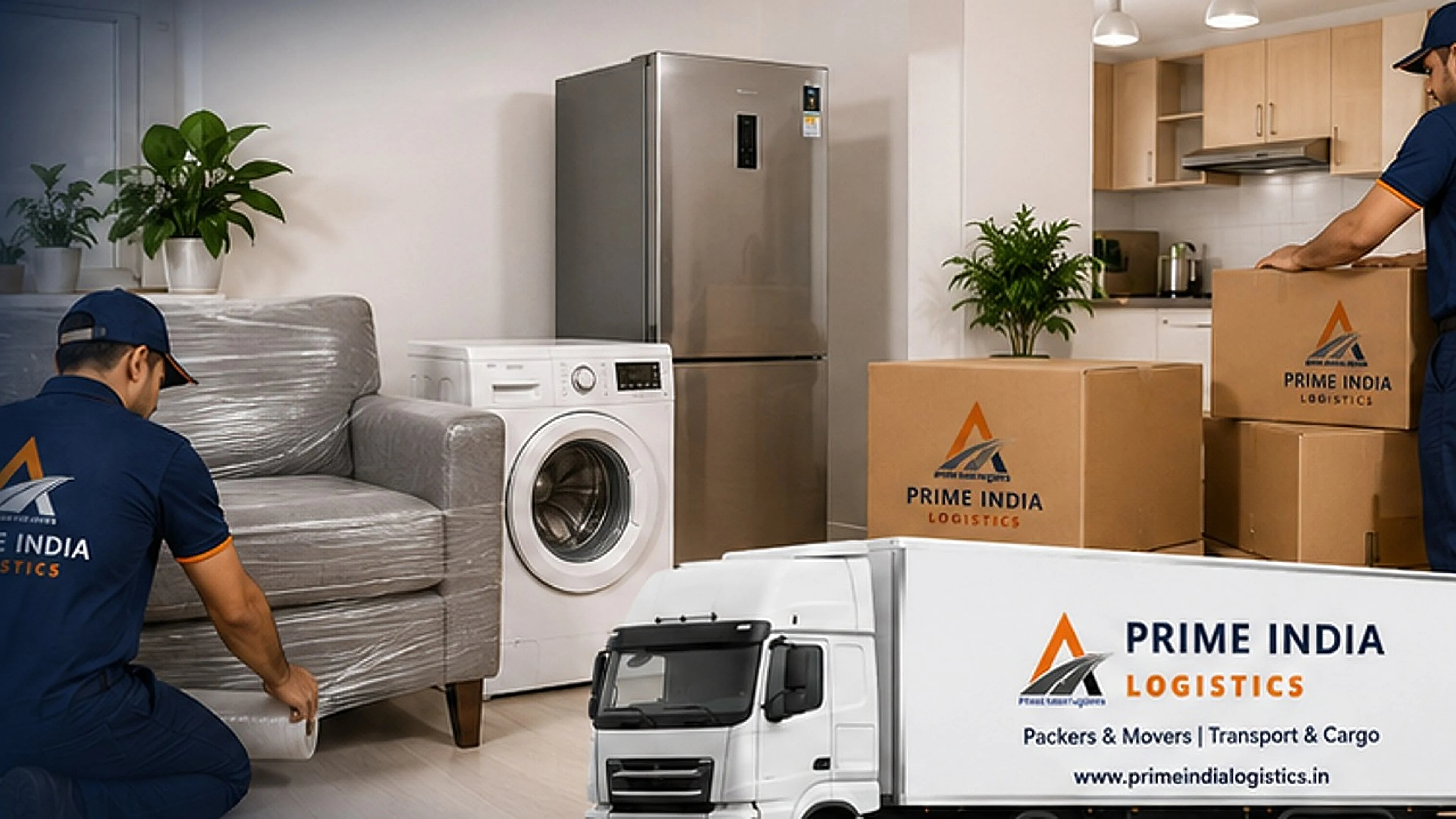 Prime India Logistics Packers and Movers household shifting with sofa refrigerator washing machine kitchen and boxes